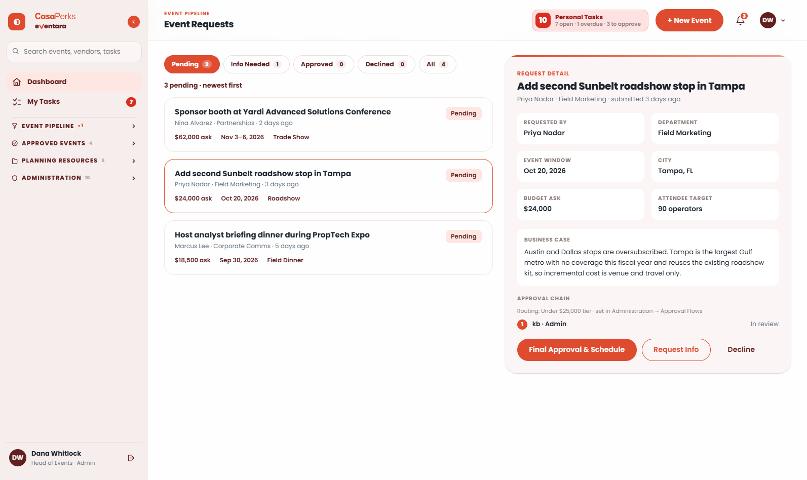 Event Requests screen — tiered approval routing