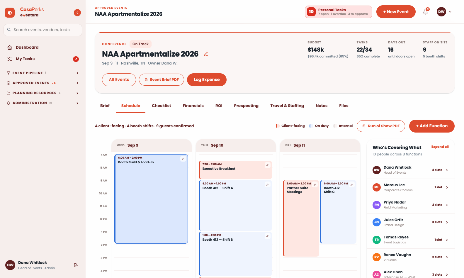 Schedule tab — hour-grid run of show